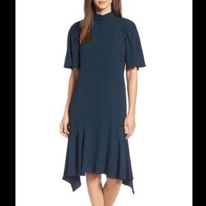 Lewit navy short sleeve high neck midi dress